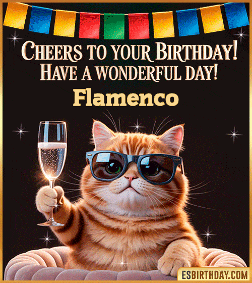 Funny Happy Birthday GIF – Cool Cat Toasting Animation for Flamenco Funny happy birthday GIF for Flamenco featuring a cool cat wearing sunglasses holding a champagne glass – personalized animated birthday greeting with a cheerful and classy vibe