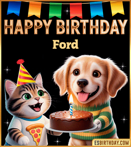 Cute funny happy birthday animated GIF with puppy and kitten celebrating, personalized for Ford with cake and party hat, cheerful birthday greeting image