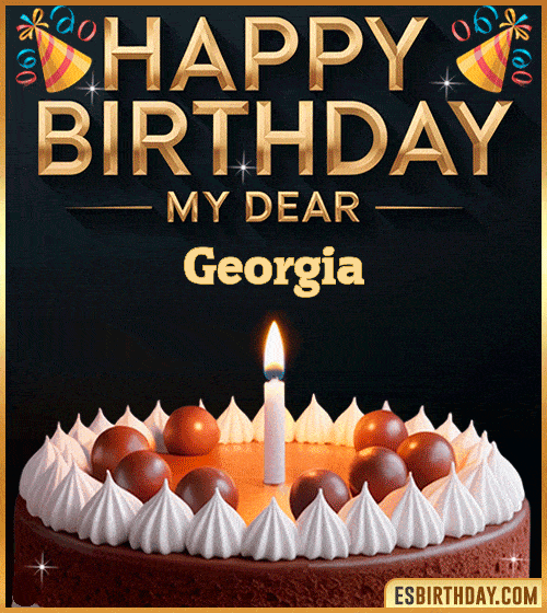 Happy birthday GIF for my dear Georgia with a chocolate cake, lit candle and festive decorations – personalized animated birthday greeting for someone special
