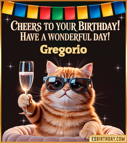 Funny Happy Birthday GIF – Cool Cat Toasting Animation for Gregorio Funny happy birthday GIF for Gregorio featuring a cool cat wearing sunglasses holding a champagne glass – personalized animated birthday greeting with a cheerful and classy vibe