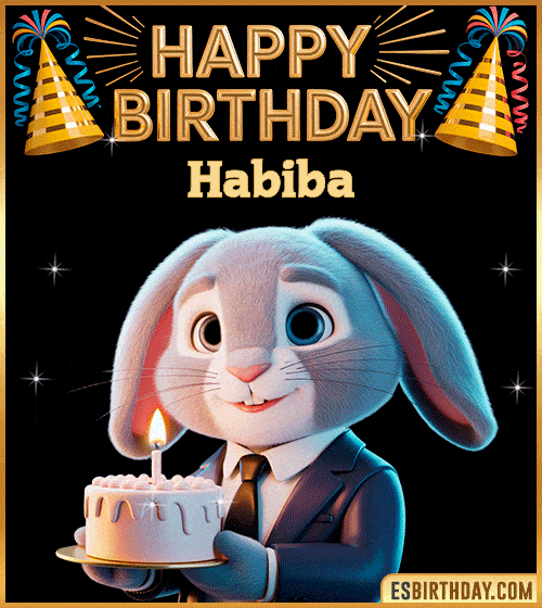 Cute happy birthday cake GIF with bunny for Habiba – personalized animated birthday wishes with pastel and celebratory vibe
