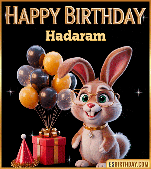 Funny happy birthday GIF for Hadaram featuring a cute bunny with glasses, festive balloons and a gift box – personalized animated birthday greeting with a playful and joyful vibe