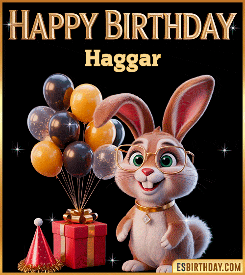 Funny happy birthday GIF for Haggar featuring a cute bunny with glasses, festive balloons and a gift box – personalized animated birthday greeting with a playful and joyful vibe