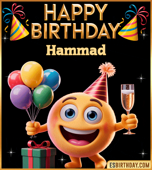 Happy Birthday Hammad PNG image with a smiling emoji holding balloons and a glass of champagne, perfect cheerful picture to celebrate birthdays