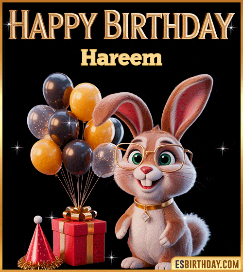 Funny happy birthday GIF for Hareem featuring a cute bunny with glasses, festive balloons and a gift box – personalized animated birthday greeting with a playful and joyful vibe