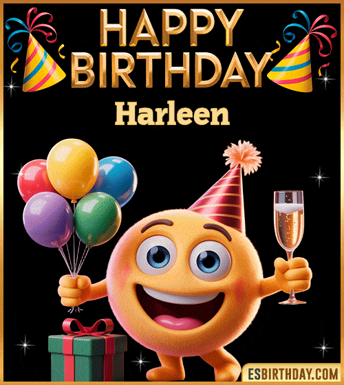 Happy Birthday Harleen PNG image with a smiling emoji holding balloons and a glass of champagne, perfect cheerful picture to celebrate birthdays