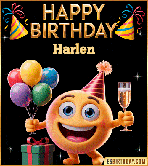 Happy Birthday Harlen PNG image with a smiling emoji holding balloons and a glass of champagne, perfect cheerful picture to celebrate birthdays