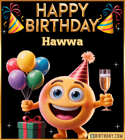 Happy Birthday Hawwa PNG image with a smiling emoji holding balloons and a glass of champagne, perfect cheerful picture to celebrate birthdays
