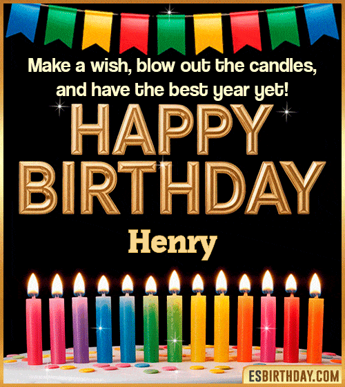 Happy birthday wishes GIF for Henry with colorful candles, festive bunting and glowing text – personalized animated birthday greeting with name