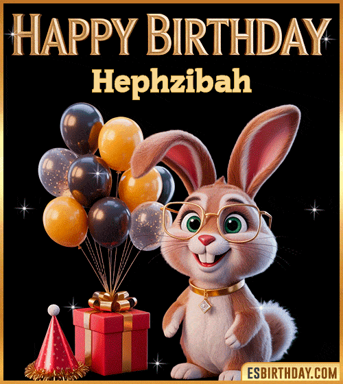 Funny happy birthday GIF for Hephzibah featuring a cute bunny with glasses, festive balloons and a gift box – personalized animated birthday greeting with a playful and joyful vibe