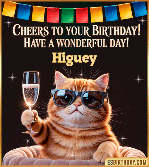 Funny happy birthday GIF for Higuey featuring a cool cat wearing sunglasses holding a champagne glass – personalized animated birthday greeting with a cheerful and classy vibe