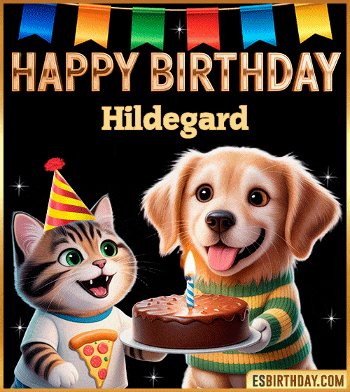 Cute funny happy birthday animated GIF with puppy and kitten celebrating, personalized for Hildegard with cake and party hat, cheerful birthday greeting image