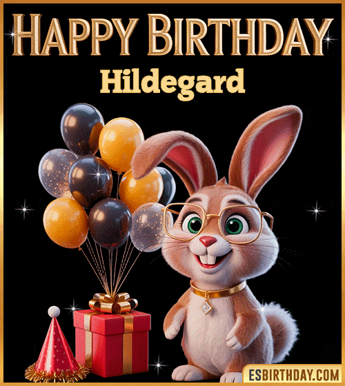 Funny happy birthday GIF for Hildegard featuring a cute bunny with glasses, festive balloons and a gift box – personalized animated birthday greeting with a playful and joyful vibe