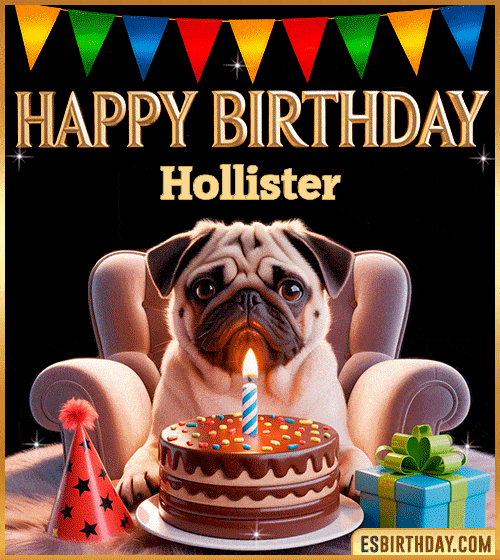 Funny happy birthday GIF for Hollister featuring a cute pug sitting on a chair with a chocolate cake, birthday hat, candle, and colorful decorations – perfect funny dog-themed birthday greeting