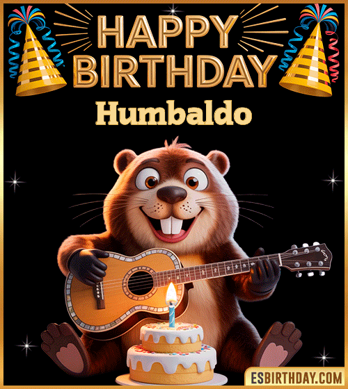 Funny Happy Birthday GIF for Humbaldo – a cute beaver playing guitar next to a birthday cake and colorful party decorations, sending warm and joyful birthday wishes.