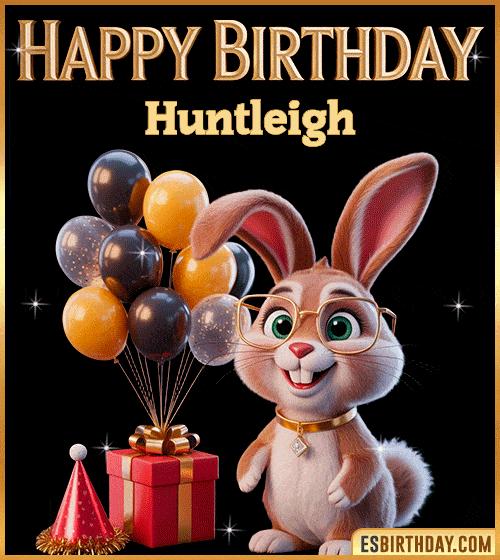Funny happy birthday GIF for Huntleigh featuring a cute bunny with glasses, festive balloons and a gift box – personalized animated birthday greeting with a playful and joyful vibe