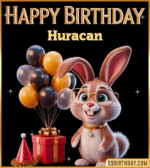 Funny happy birthday GIF for Huracan featuring a cute bunny with glasses, festive balloons and a gift box – personalized animated birthday greeting with a playful and joyful vibe