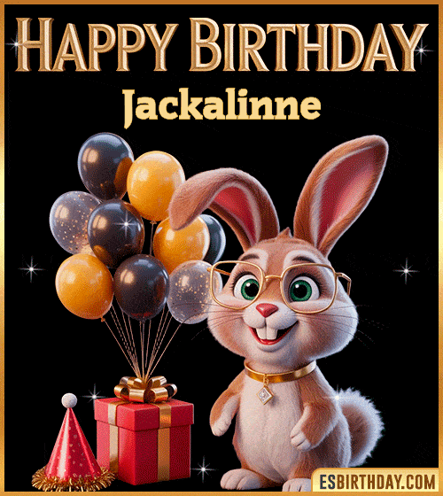 Funny happy birthday GIF for Jackalinne featuring a cute bunny with glasses, festive balloons and a gift box – personalized animated birthday greeting with a playful and joyful vibe