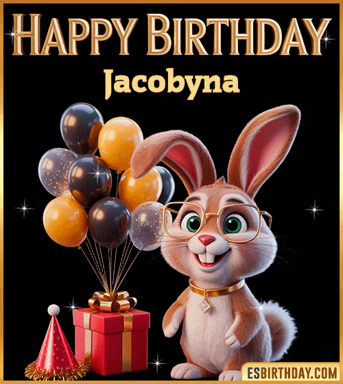 Funny happy birthday GIF for Jacobyna featuring a cute bunny with glasses, festive balloons and a gift box – personalized animated birthday greeting with a playful and joyful vibe