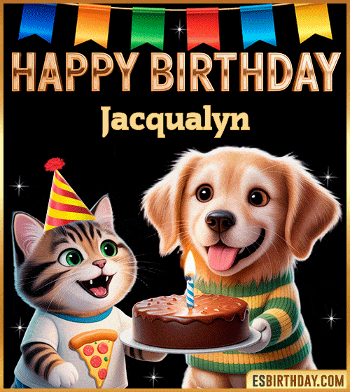 Cute funny happy birthday animated GIF with puppy and kitten celebrating, personalized for Jacqualyn with cake and party hat, cheerful birthday greeting image