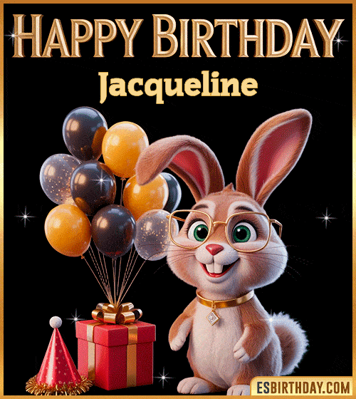 Funny happy birthday GIF for Jacqueline featuring a cute bunny with glasses, festive balloons and a gift box – personalized animated birthday greeting with a playful and joyful vibe
