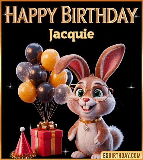 Funny happy birthday GIF for Jacquie featuring a cute bunny with glasses, festive balloons and a gift box – personalized animated birthday greeting with a playful and joyful vibe