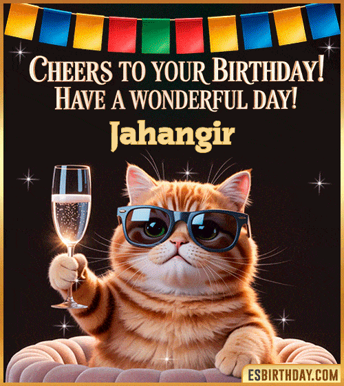 Funny happy birthday GIF for Jahangir featuring a cool cat wearing sunglasses holding a champagne glass – personalized animated birthday greeting with a cheerful and classy vibe