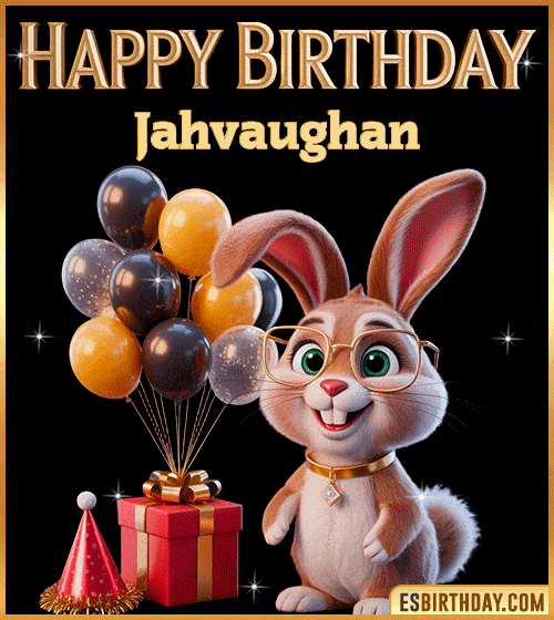 Funny happy birthday GIF for Jahvaughan featuring a cute bunny with glasses, festive balloons and a gift box – personalized animated birthday greeting with a playful and joyful vibe