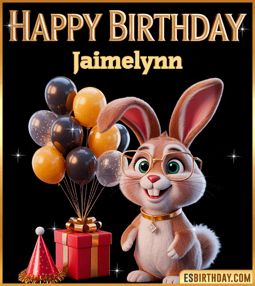 Funny happy birthday GIF for Jaimelynn featuring a cute bunny with glasses, festive balloons and a gift box – personalized animated birthday greeting with a playful and joyful vibe