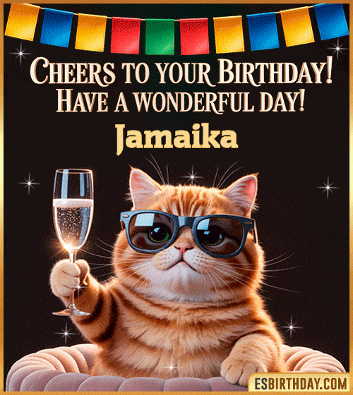 Funny happy birthday GIF for Jamaika featuring a cool cat wearing sunglasses holding a champagne glass – personalized animated birthday greeting with a cheerful and classy vibe