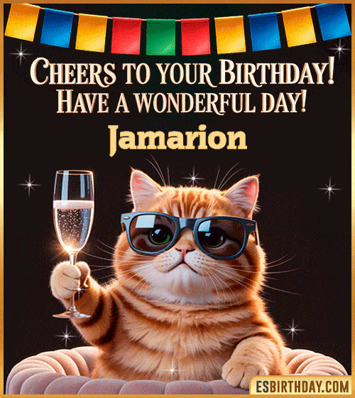 Funny happy birthday GIF for Jamarion featuring a cool cat wearing sunglasses holding a champagne glass – personalized animated birthday greeting with a cheerful and classy vibe