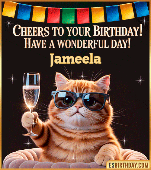 Funny happy birthday GIF for Jameela featuring a cool cat wearing sunglasses holding a champagne glass – personalized animated birthday greeting with a cheerful and classy vibe