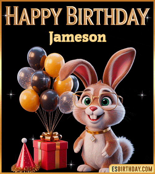 Funny happy birthday GIF for Jameson featuring a cute bunny with glasses, festive balloons and a gift box – personalized animated birthday greeting with a playful and joyful vibe