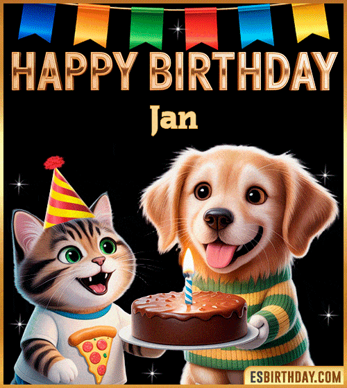 Cute funny happy birthday animated GIF with puppy and kitten celebrating, personalized for Jan with cake and party hat, cheerful birthday greeting image