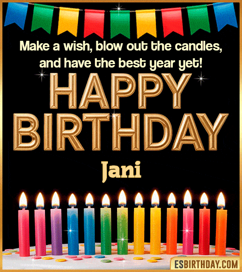 Happy birthday wishes GIF for Jani with colorful candles, festive bunting and glowing text – personalized animated birthday greeting with name