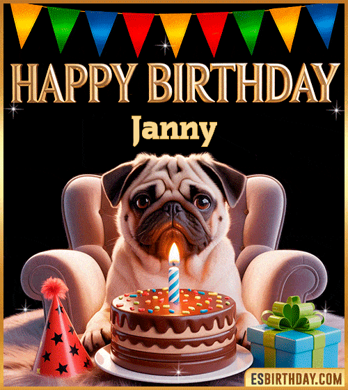Funny happy birthday GIF for Janny featuring a cute pug sitting on a chair with a chocolate cake, birthday hat, candle, and colorful decorations – perfect funny dog-themed birthday greeting