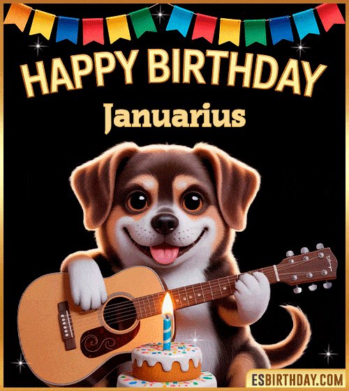 Happy birthday GIF with cute puppy playing guitar, birthday cake and colorful banner, personalized with name Januarius, animated dog greeting