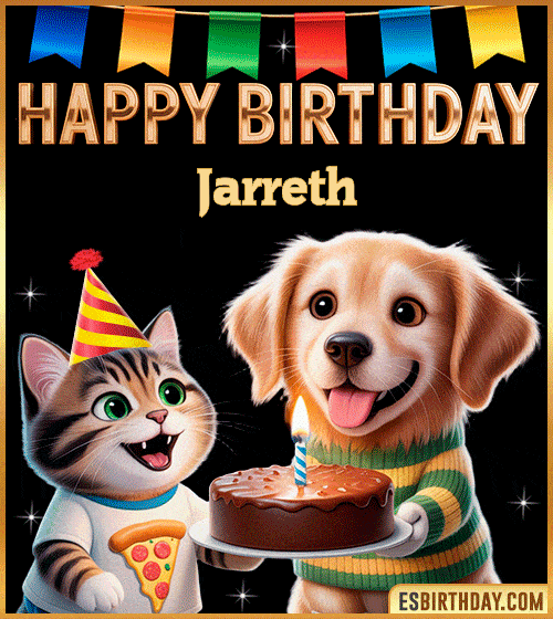 Cute funny happy birthday animated GIF with puppy and kitten celebrating, personalized for Jarreth with cake and party hat, cheerful birthday greeting image