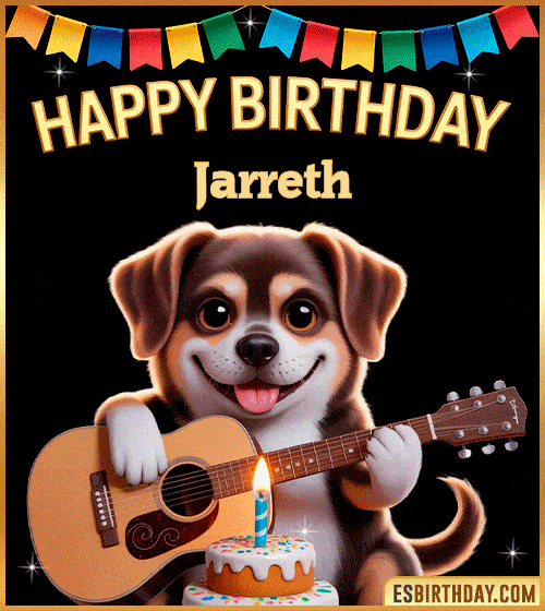 Happy birthday GIF with cute puppy playing guitar, birthday cake and colorful banner, personalized with name Jarreth, animated dog greeting