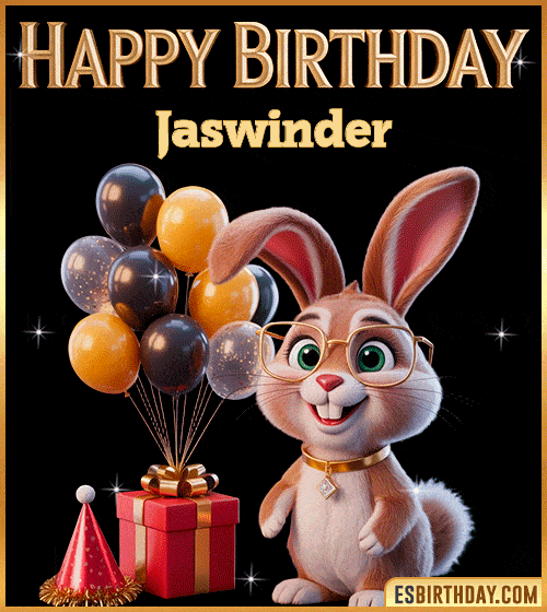 Funny happy birthday GIF for Jaswinder featuring a cute bunny with glasses, festive balloons and a gift box – personalized animated birthday greeting with a playful and joyful vibe