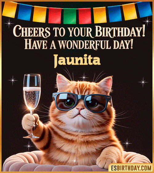 Funny happy birthday GIF for Jaunita featuring a cool cat wearing sunglasses holding a champagne glass – personalized animated birthday greeting with a cheerful and classy vibe