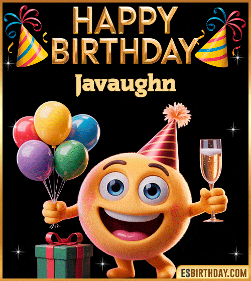 Happy Birthday Javaughn PNG image with a smiling emoji holding balloons and a glass of champagne, perfect cheerful picture to celebrate birthdays