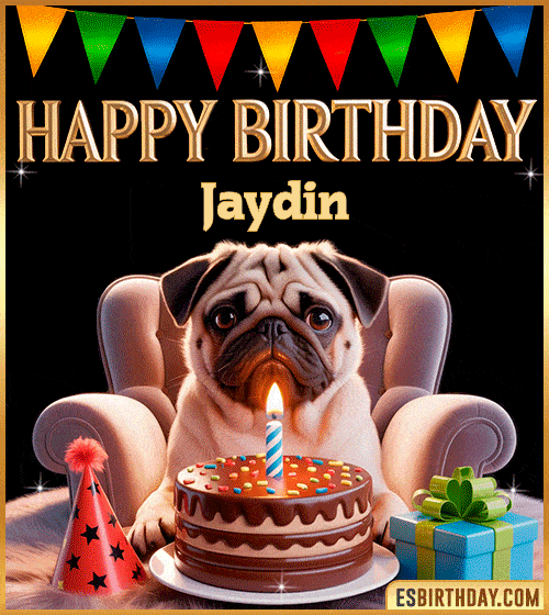 Funny happy birthday GIF for Jaydin featuring a cute pug sitting on a chair with a chocolate cake, birthday hat, candle, and colorful decorations – perfect funny dog-themed birthday greeting