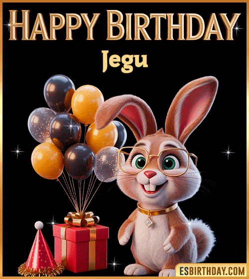 Funny happy birthday GIF for Jegu featuring a cute bunny with glasses, festive balloons and a gift box – personalized animated birthday greeting with a playful and joyful vibe
