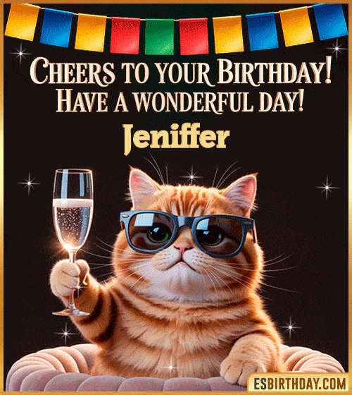 Funny happy birthday GIF for Jeniffer featuring a cool cat wearing sunglasses holding a champagne glass – personalized animated birthday greeting with a cheerful and classy vibe