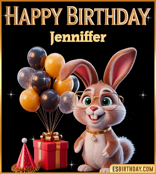 Funny happy birthday GIF for Jenniffer featuring a cute bunny with glasses, festive balloons and a gift box – personalized animated birthday greeting with a playful and joyful vibe