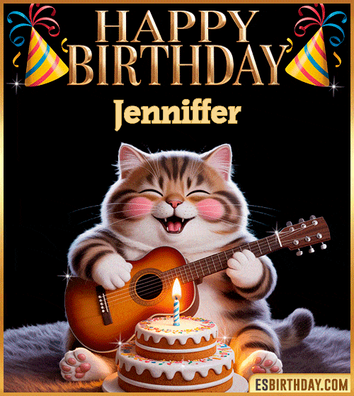 Funny happy birthday GIF for Jenniffer with a cute cat playing guitar next to a birthday cake with candle – personalized animated birthday greeting with a joyful and playful vibe