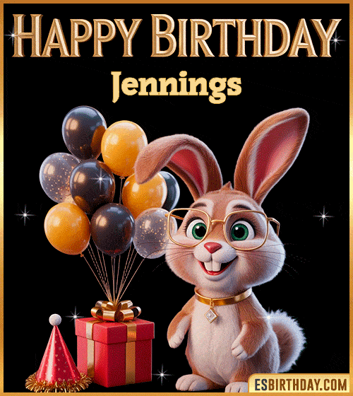 Funny happy birthday GIF for Jennings featuring a cute bunny with glasses, festive balloons and a gift box – personalized animated birthday greeting with a playful and joyful vibe