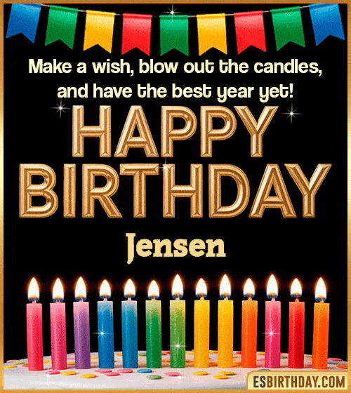 Happy birthday wishes GIF for Jensen with colorful candles, festive bunting and glowing text – personalized animated birthday greeting with name