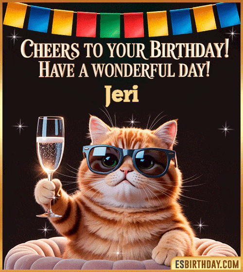 Funny happy birthday GIF for Jeri featuring a cool cat wearing sunglasses holding a champagne glass – personalized animated birthday greeting with a cheerful and classy vibe
